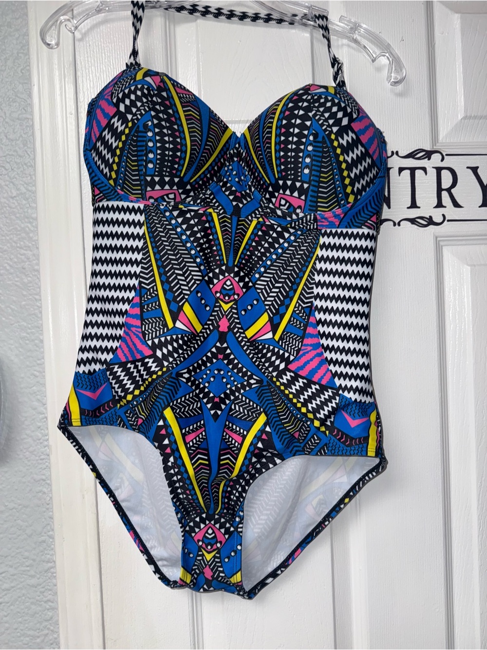 Woman’s One-Piece Swimwear in Blue, Pink & Yellow - Stylish Geometric Print